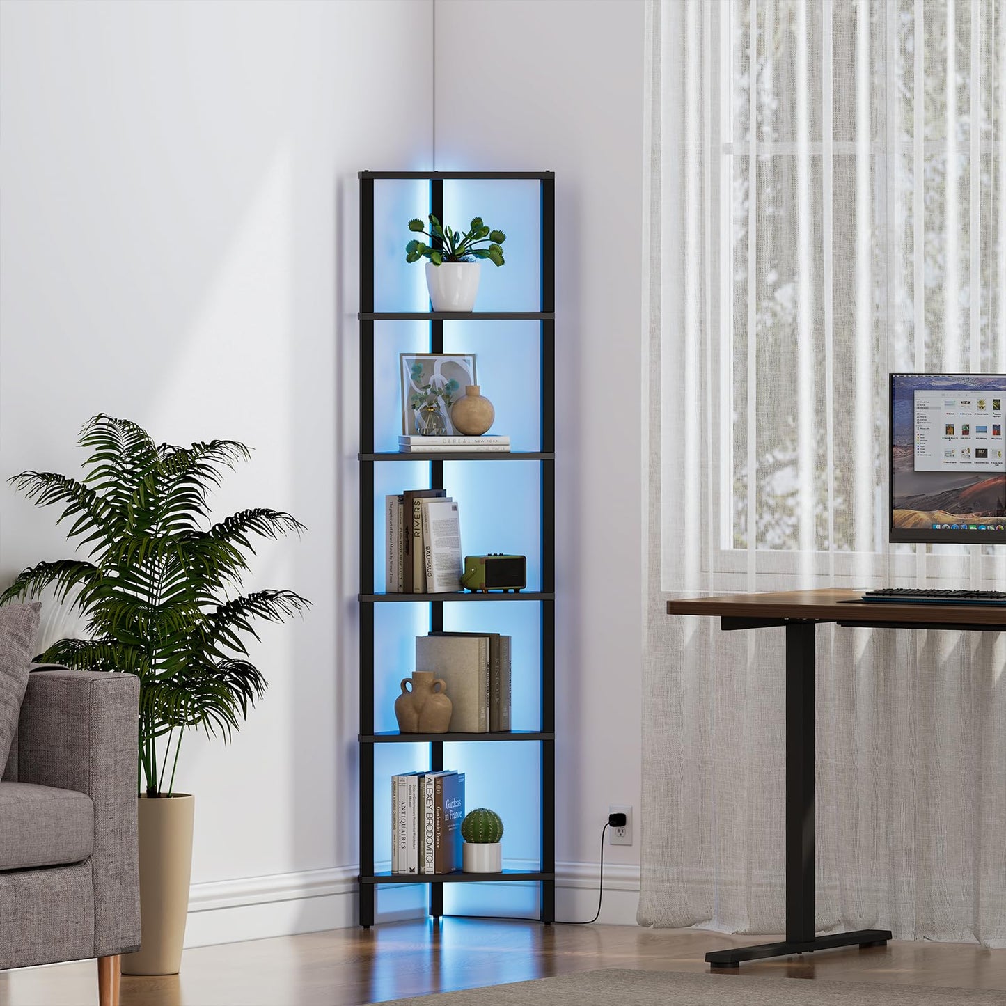 TUTOTAK Corner Shelf with LED Light, 6-Tier Corner Bookshelf for Small Space, Narrow Display Corner Shelf Stand with Storage Rack, for Living Room, Bedroom, Black BS05BK006L