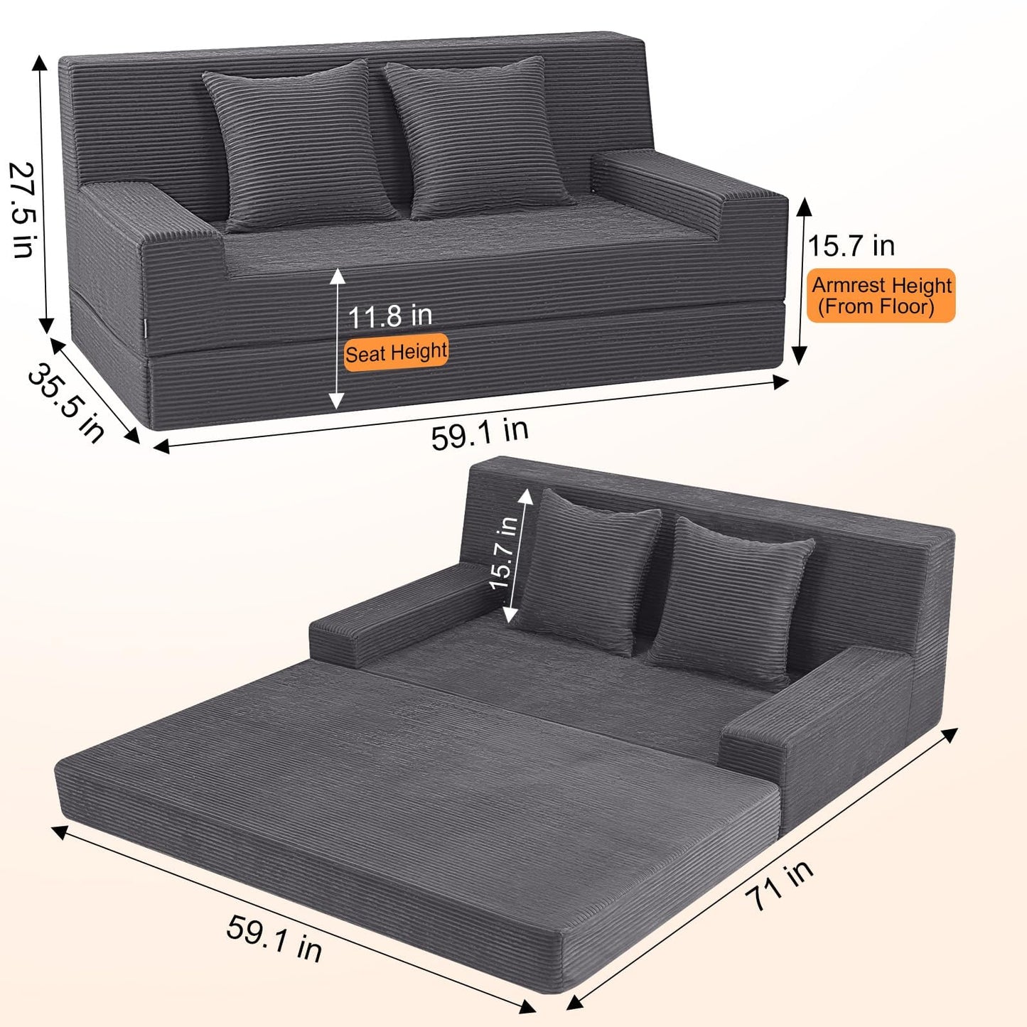 MeMoreCool Folding Sofa Bed Boneless Couch, 59" Loveseat Convertible Futon, Corduroy Foldable 2-in-1 Floor Sleeper for Small Living Room, Apartment, Guest Room, Foam Support & Washable Cover, Grey