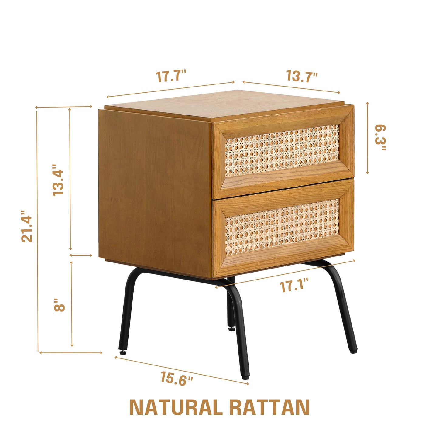 NTC Solid Oak Drawer Face Lulu Nightstand with Natural Rattan Drawer, Mid-Century Side Table for Bedroom, Bedside Furniture, End Table – Waterproof, Heat Resistant, Easy to Assemble – Rustic Oak