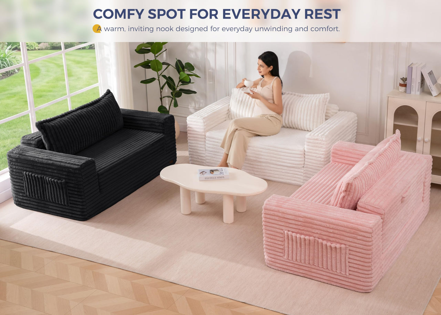 MAXYOYO Convertible Sofa Bed, 2 in 1 Folding Couch Bed for Small Space, Pull Out Loveseat Sofa Couch with Large Back Pillow, Plush Faux Fabric Lounge Couch for Living Room, Apartment, Black