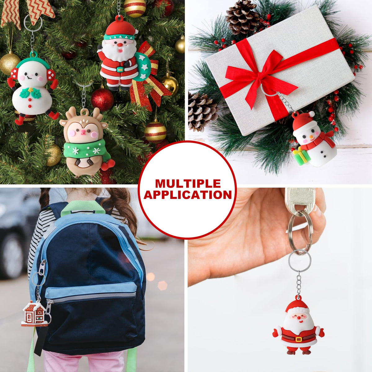 Becfupo 100 Pcs Christmas Rubber Keychains Bulk, 3D Santa Claus Snowman Xmas Tree Reindeer Hanging Ornaments With Keyrings For Christmas Tree Decoration, Xmas Party Supplies