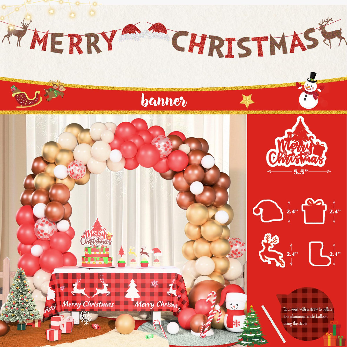 Merry Chirstmas Party Decorations, Christmas Decorations Set, Christmas Balloon Garland Banner Backdrop Tablecloth Toppers Snowflake Winter Santa Party Supplies for Indoor Outdoor Home Decor
