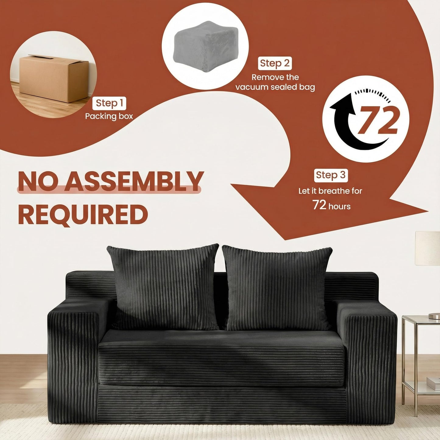 AOLVDOW Convertible Sofa Bed, 5 in 1 Small Boneless Couch Pull Out Loveseat Sleeper Sofa,Corduroy Futon Couch Folding Mattress with 4 Pillows for Living Room (Black, 56INCH)