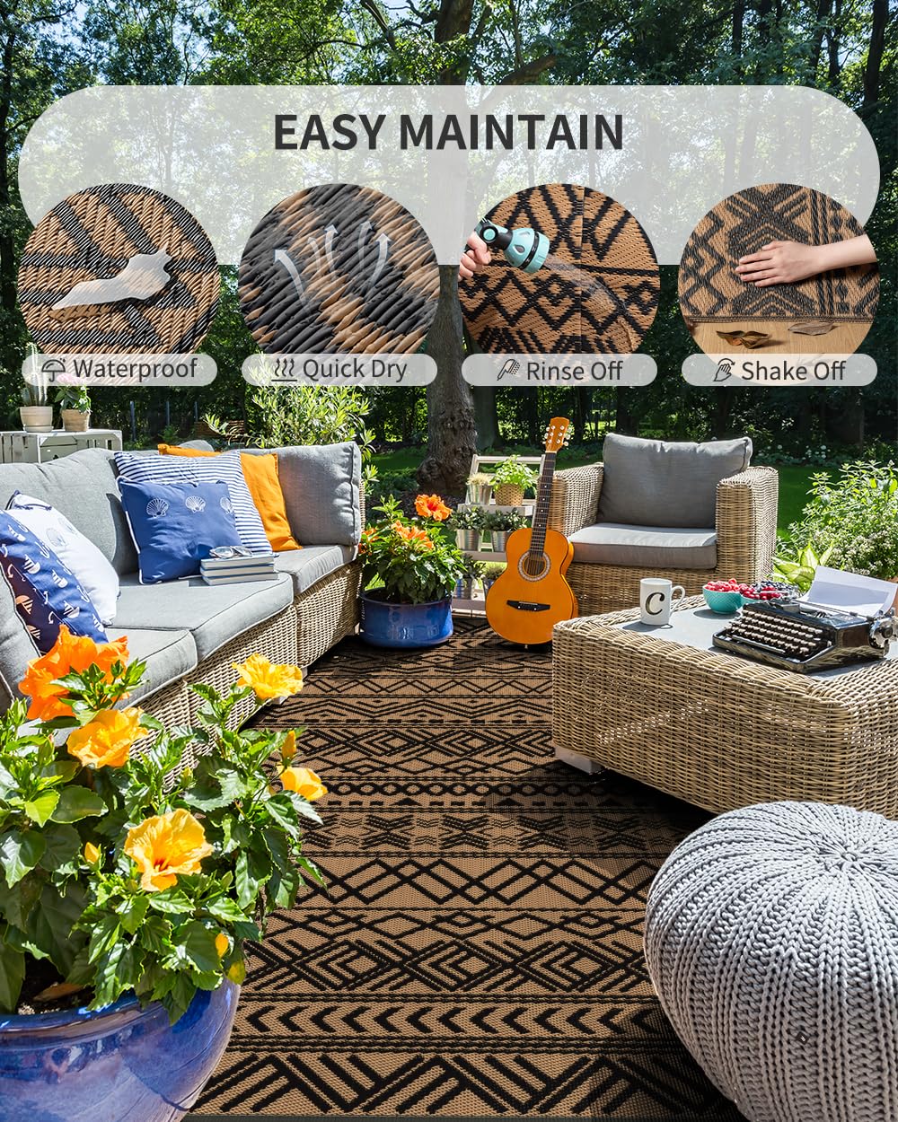 MontVoo-Outdoor Rug Carpet Waterproof 5x8 ft Reversible Patio Rug RV Camping Rugs Plastic Straw Outside Indoor Outdoor Area Rugs for Patio Deck Balcony Picnic Beach Outdoor Decor Boho Black Brown