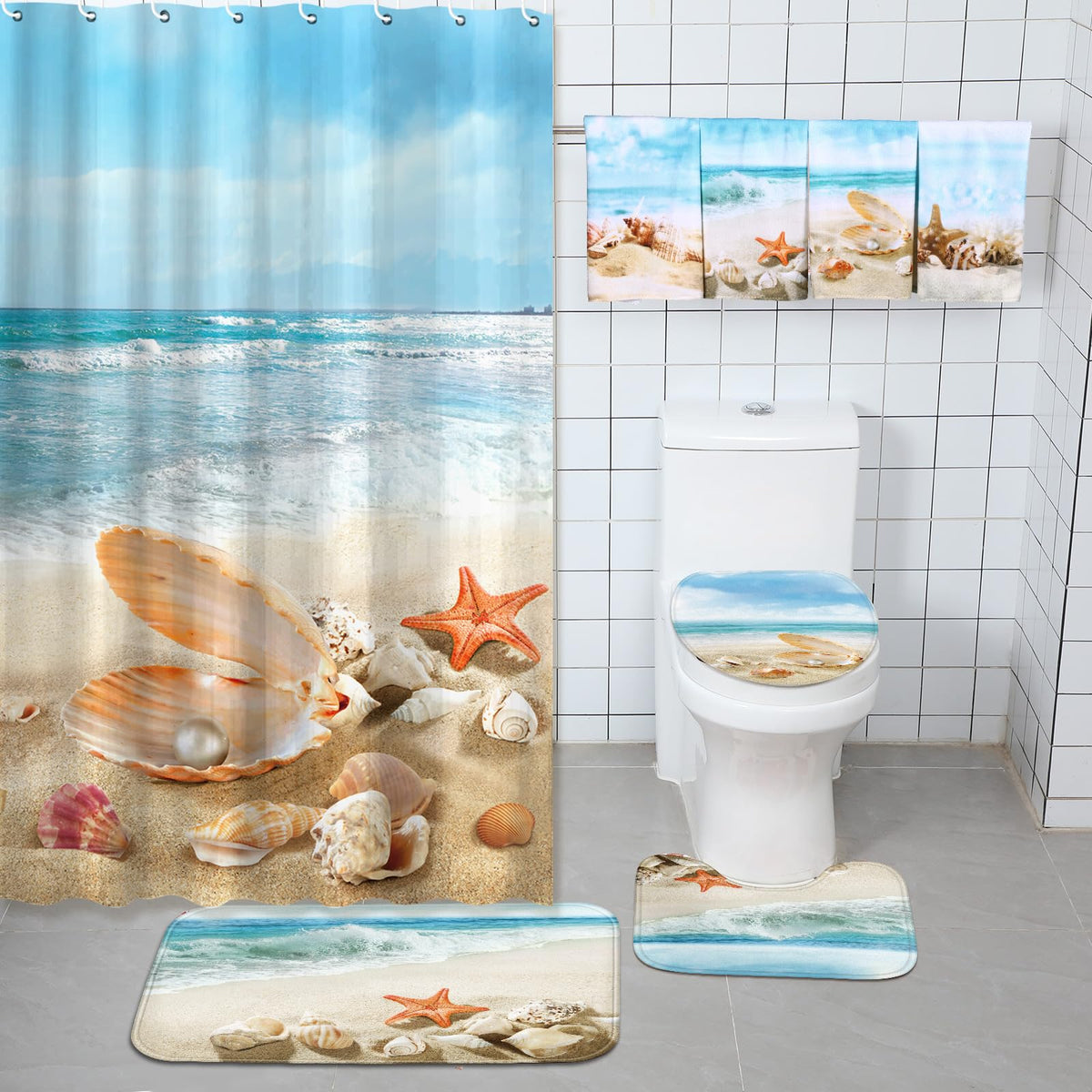 FuWeave 8 Pcs Summer Beach Shower Curtain Set Bathroom Decor Sea Ocean Waterproof Bathroom Accessories Shower Curtain Sets with Towels Carpet Bath Mat Toilet Rugs and 12 Hooks