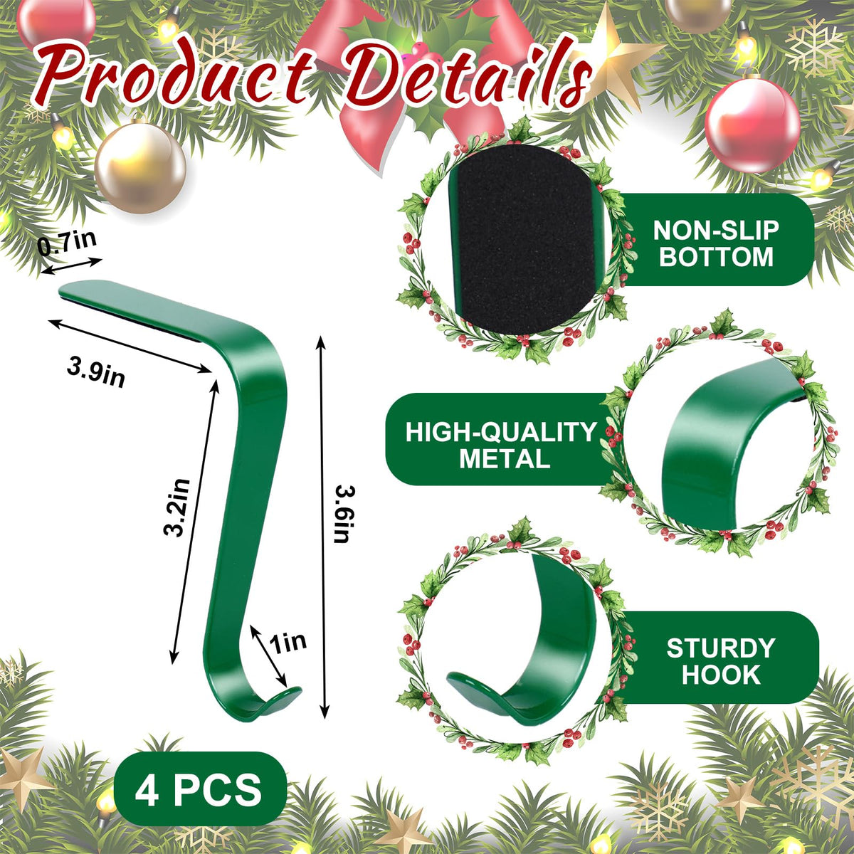 JarThenaAMCS 4Pcs Christmas Stocking Holders Metal Hanging Hooks Ornament Fireplace Mantel Hanger for Xmas Holiday Party Decorations (Red and Green)