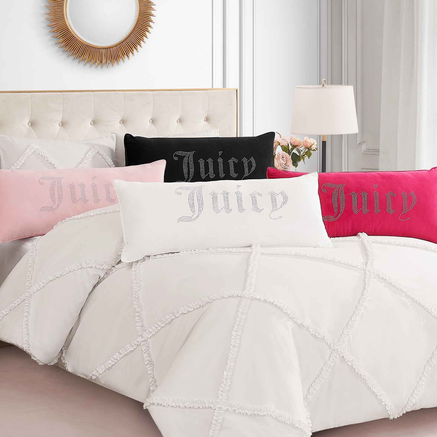 Juicy Couture Silver Rhinestone Decorative Pillow - Premium Throw Pillow - Living Room and Bedroom Décor - Hannah 16" x 36", Black Velvet