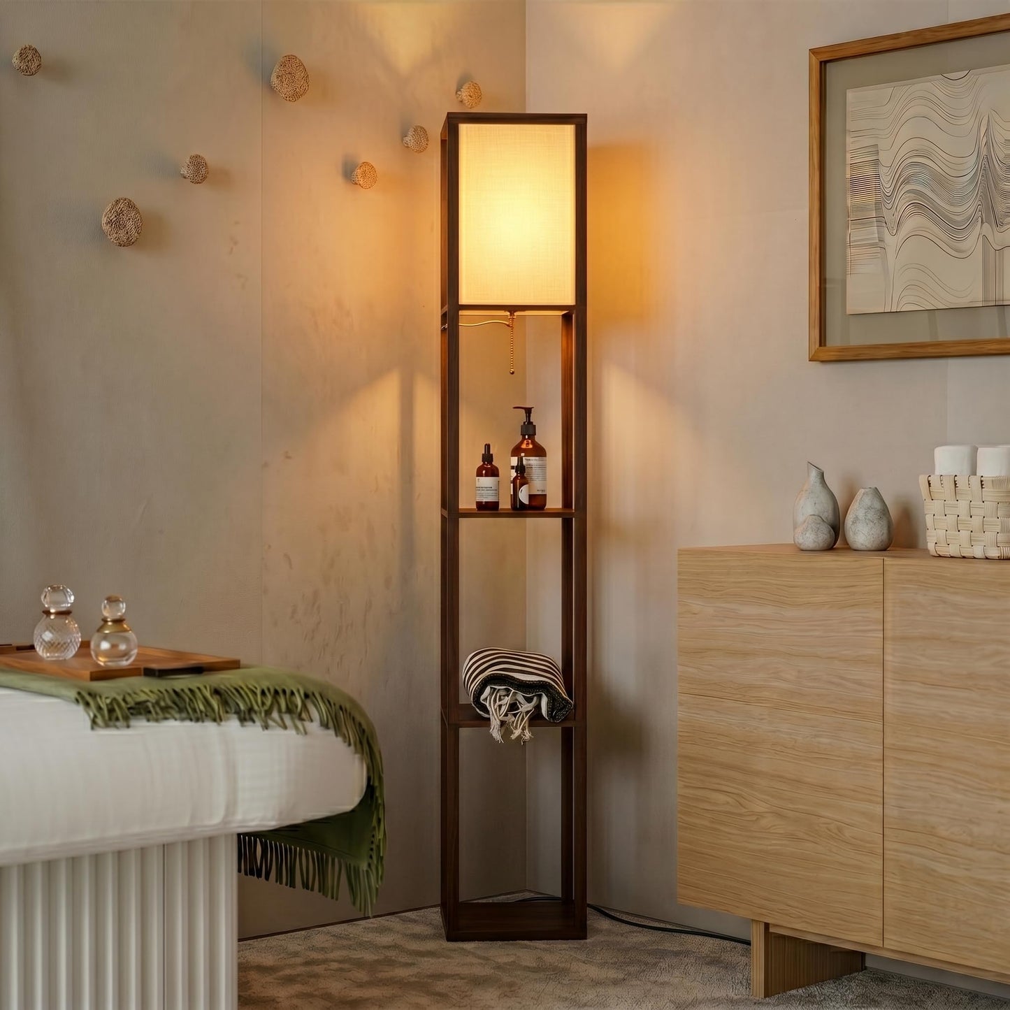 Brightech Maxwell - Modern Shelf Floor Lamp with Lamp Shade & Warm White LED Bulb, Corner Display Floor Lamp with Shelves for Living Room, Bedroom, Nightstand Office, Home Decor Storage - Havana Brown
