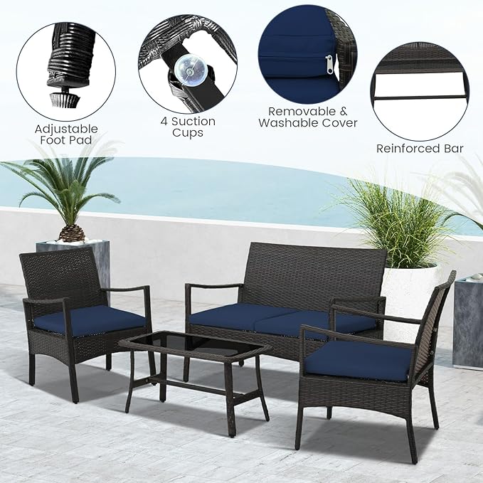 Tangkula 4 Pieces Outdoor Conversation Set, Patio PE Wicker Sofa