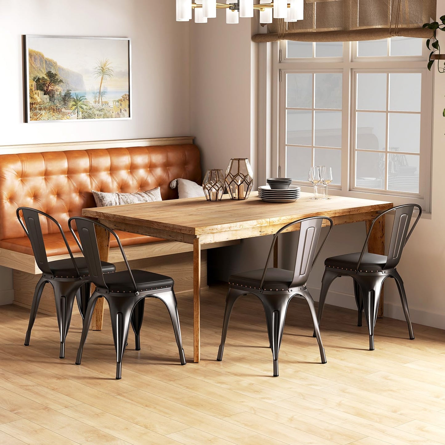 COSTWAY Metal Dining Chairs Set of 4, 18.5 Inch Stackable Industrial Kitchen Tolix Side Chairs with Cushions, Detachable High Back for Dining Room, Cafe, Restaurant, Bistro (Bronze)
