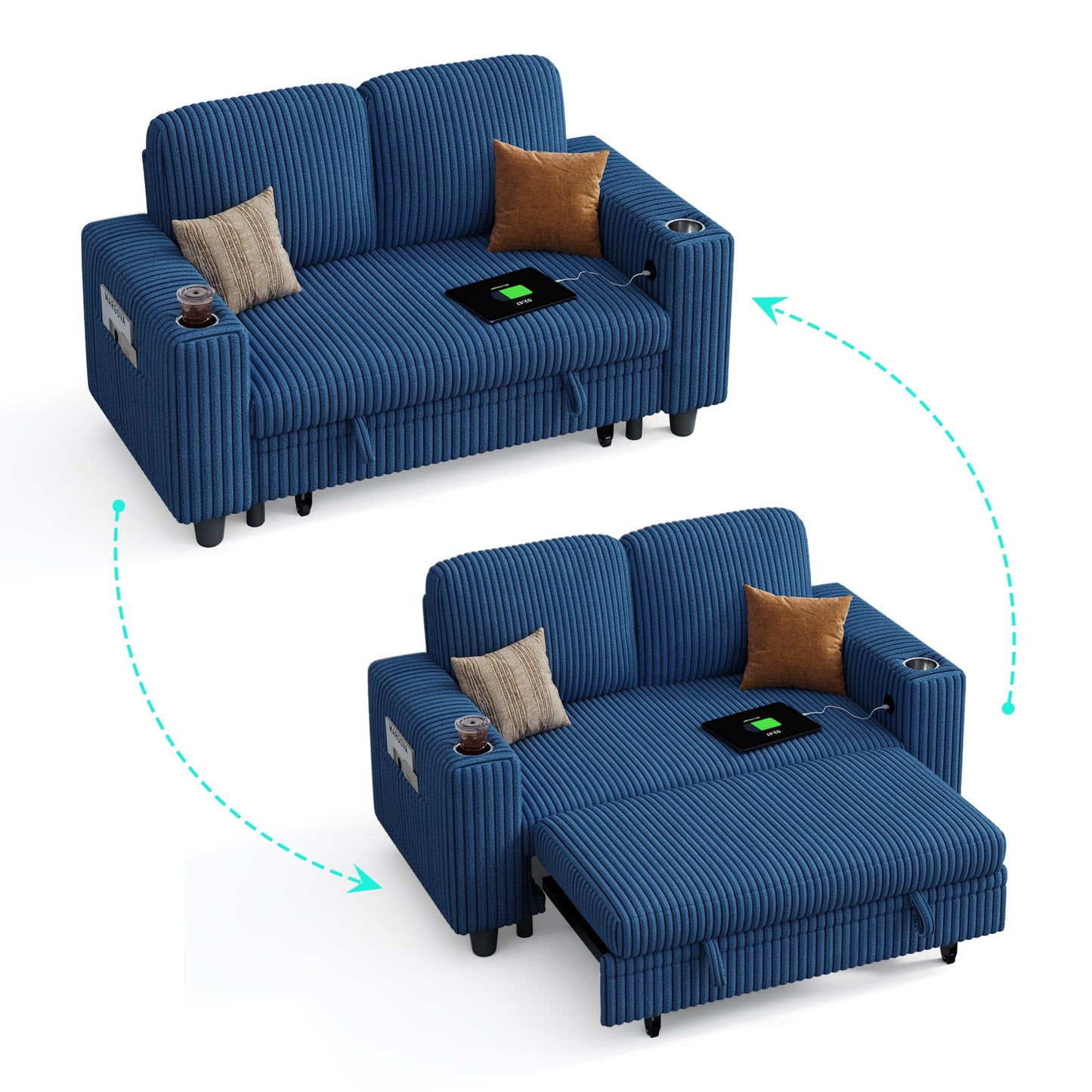 LINSY HOME Loveseat Sofa with Pull Out Couch Chaise: 2-in-1 Convertible 2 Seater Sofa with USB Charging & Cup Holders, Comfy Plush Corduroy Love Seat for Small Spaces Living Room Apartment, Blue
