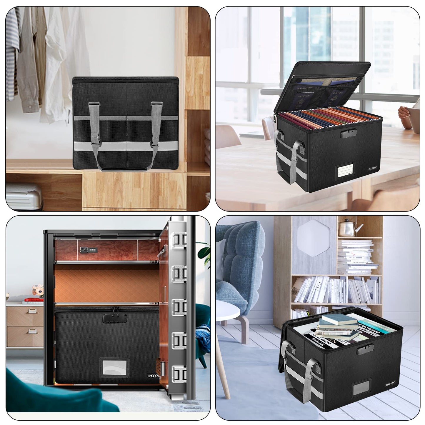 ENGPOW File Box with Lock, Fireproof Document Box with Pockets, Collapsible File Organizer Filing Storage Cabinet with Handle, Portable Home Office Safe for Hanging Letter/Legal Folders,Black,2 Pack