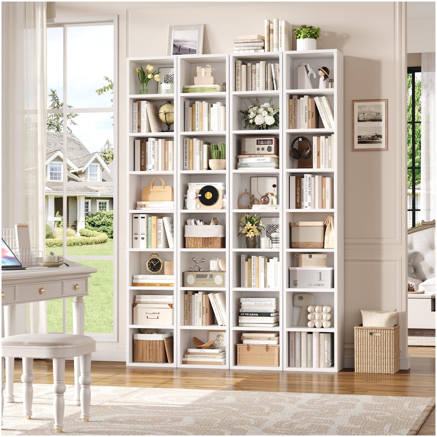 FOTOSOK White Bookshelf 8-Tier Narrow Bookshelf, 11.6 X 9.3 X 70.9 Tall CD DVD Media Tower Rack with 4 Adjustable Shelves, Tall Narrow Bookcase Slim Display Bookshelf with Cube Storage for Home Office