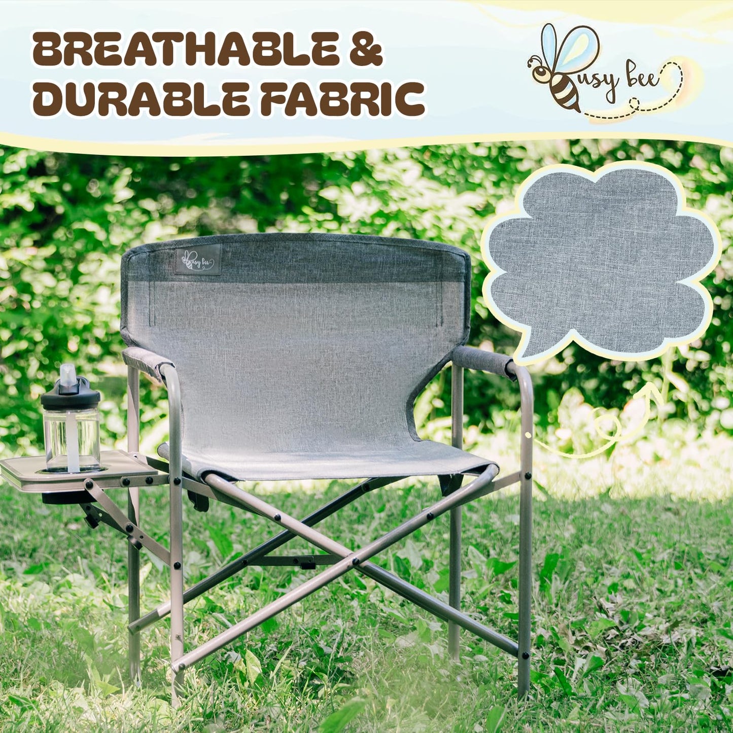 Busy Bee Kids Director Camping Chair with Foldable Side Table, Lightweight, Flat Folding, Compact and Portable, Perfect Kid Beach Chairs, Supports 150 Lbs.