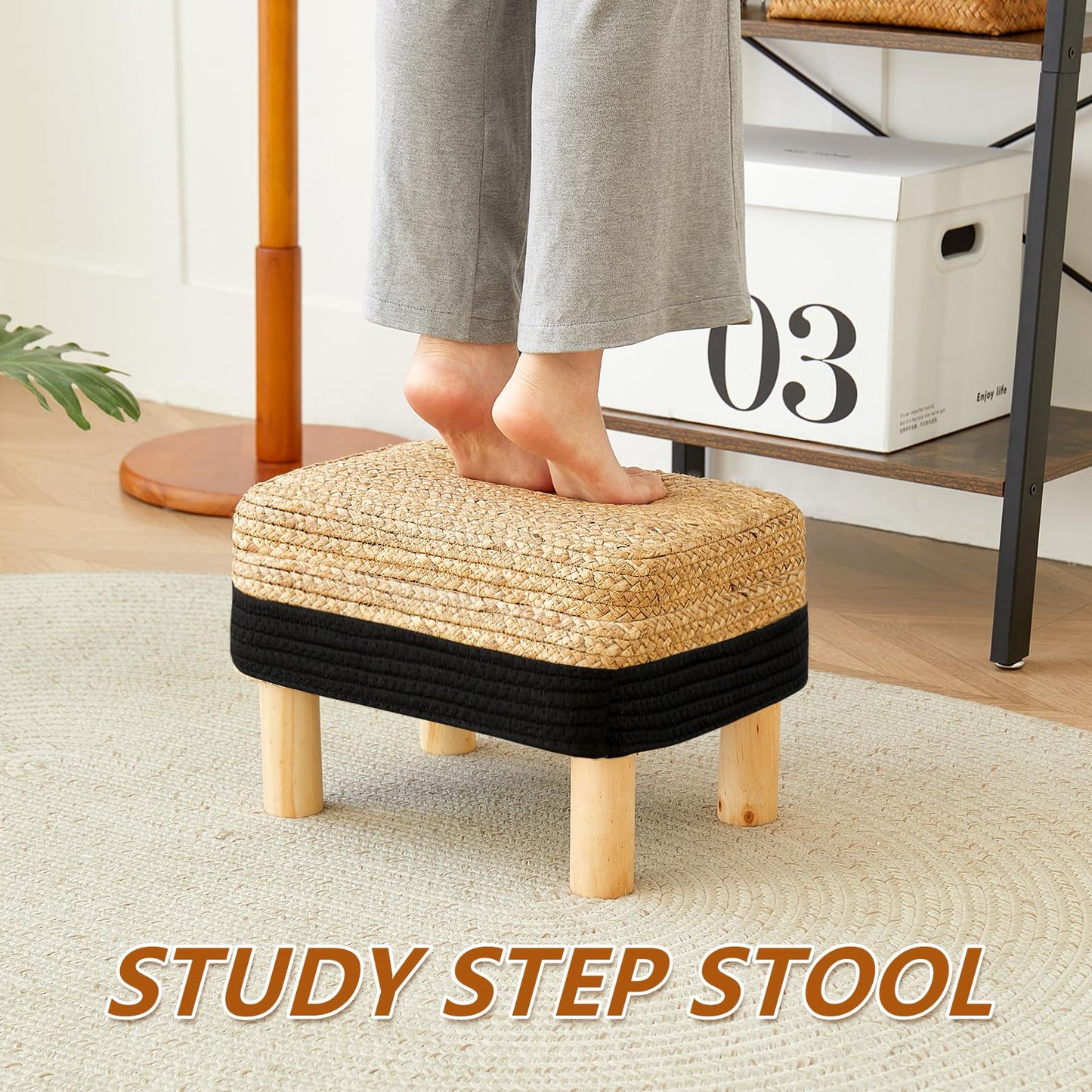 ALeesing Ottoman Foot Stool Rectangular Footrest Natural Seagrass Footstool with Wooden Legs Hand Weave Multifunctional Modern Dressing Stool, Sofa Side Table for Bedroom for Living Room (Black)