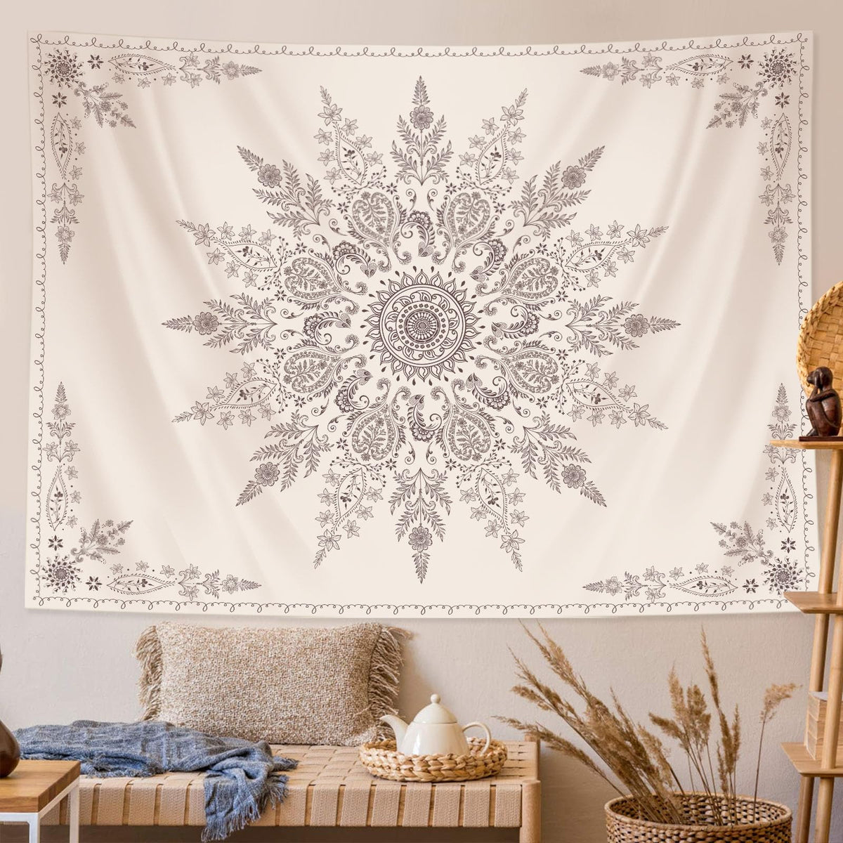 Lunerfex Boho Floral Tapestry Mandala Wall Tapestry, Cute Tapestries for Bedroom Beige Flower Tapestries Wall Hanging for Bedroom Living Room Decor Beige-2 70"x90"