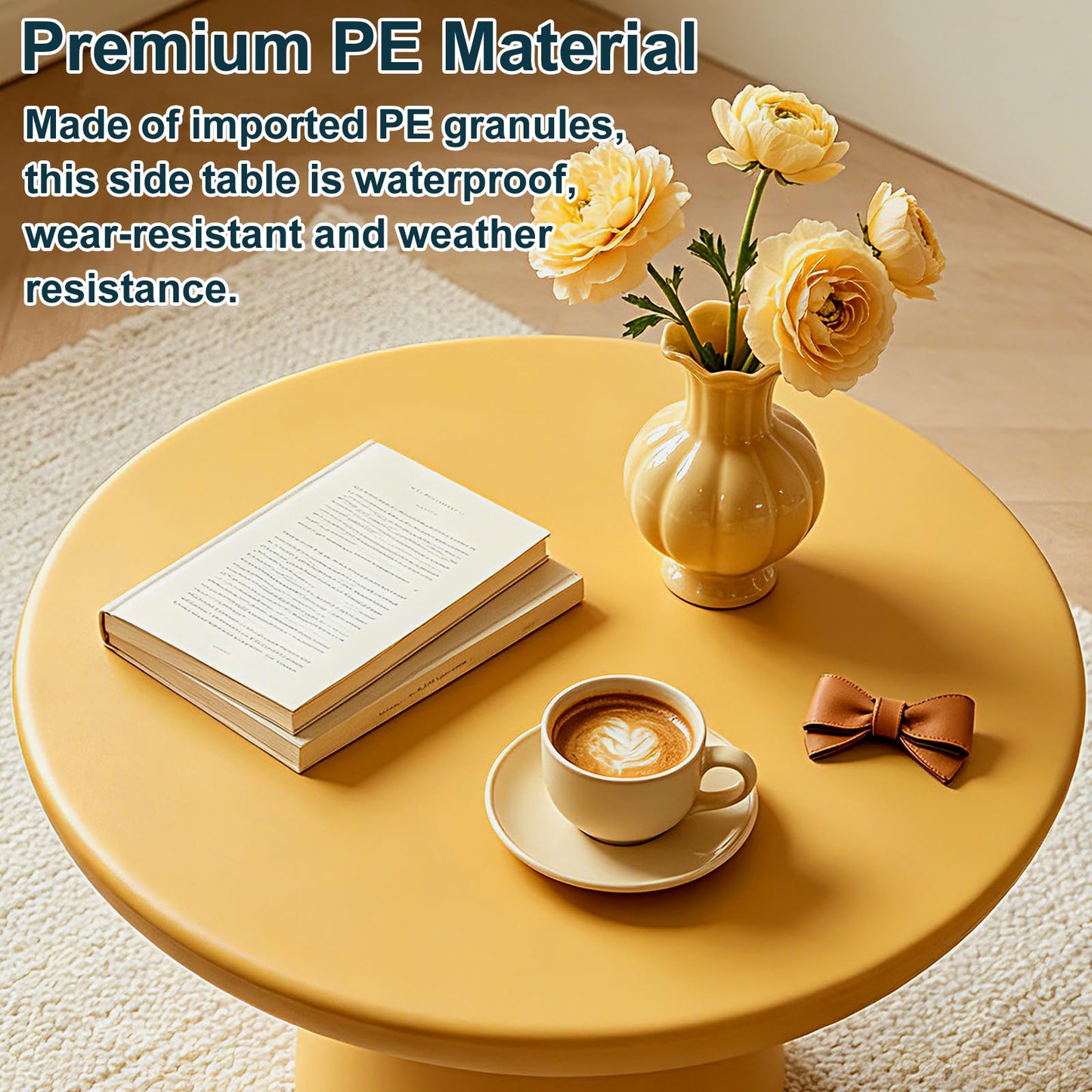 Modern Round Side Table, 16" Ginger Yellow PE Material Accent End Table, Mushroom Shaped Small Coffee Table for Living Room Bedroom Sofa Corner, Waterproof Pedestal Nightstand for Indoor/Outdoor