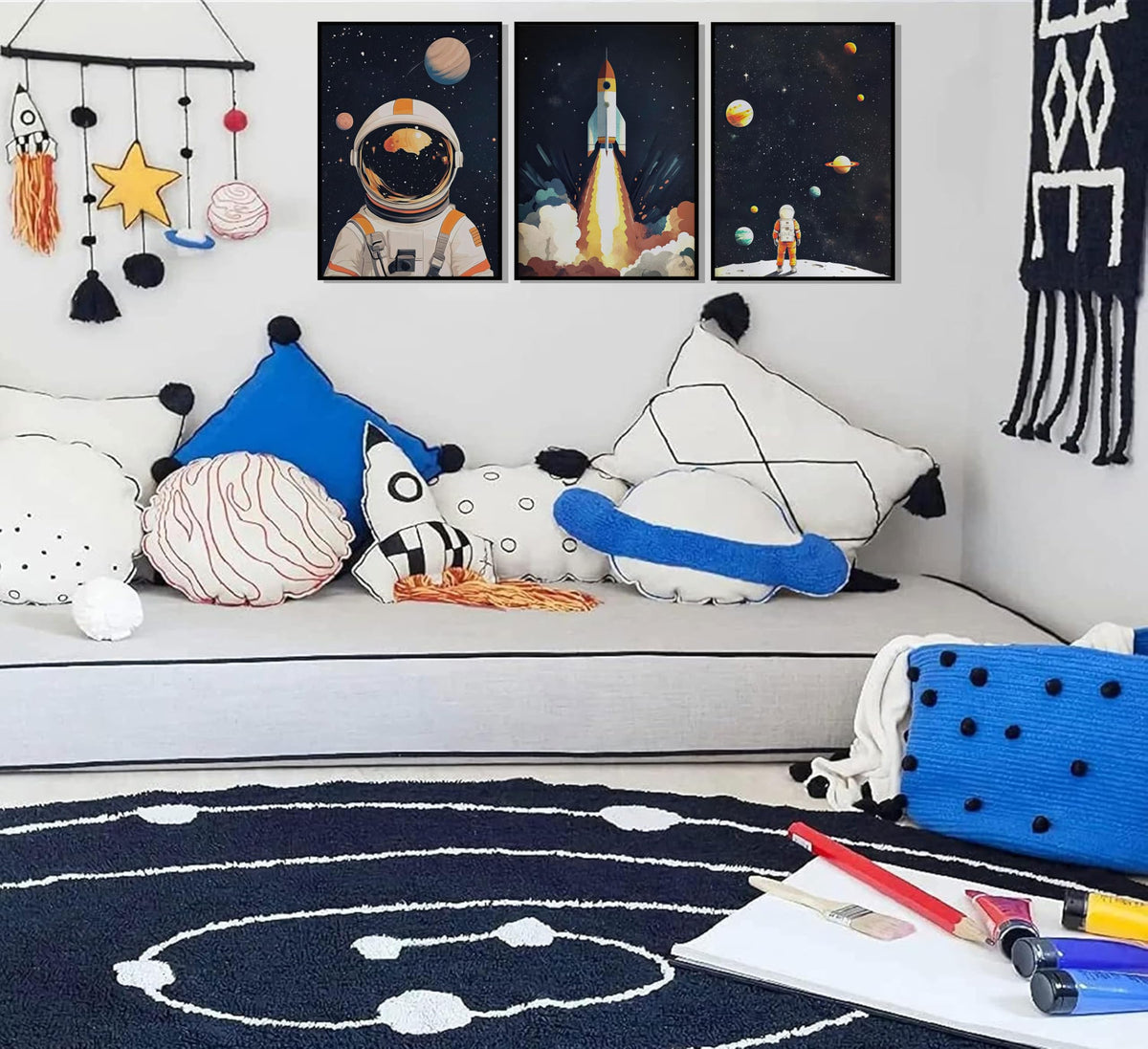 3Pcs Space Astronaut Wall art Cute Astronaut Canvas Nursery Galaxy Posters Modern Space Themed Print Rocket Pictures Toddler Boy Room Wall Decor for Adventure Kids Bedroom Nursery Room Unframed