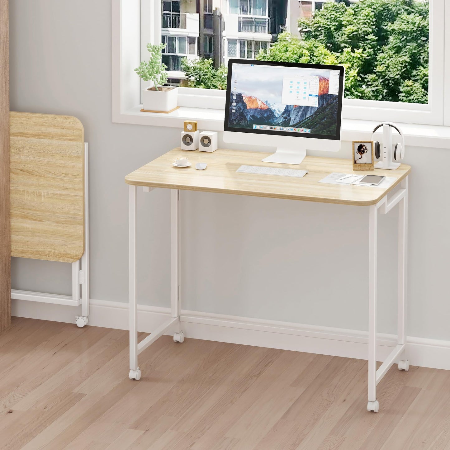 JSB Small Folding Computer Desk with Storage Bag and Hook Writing Modern Industrial Work Table Laptop for Home Office White (Natural & White, 27.6")