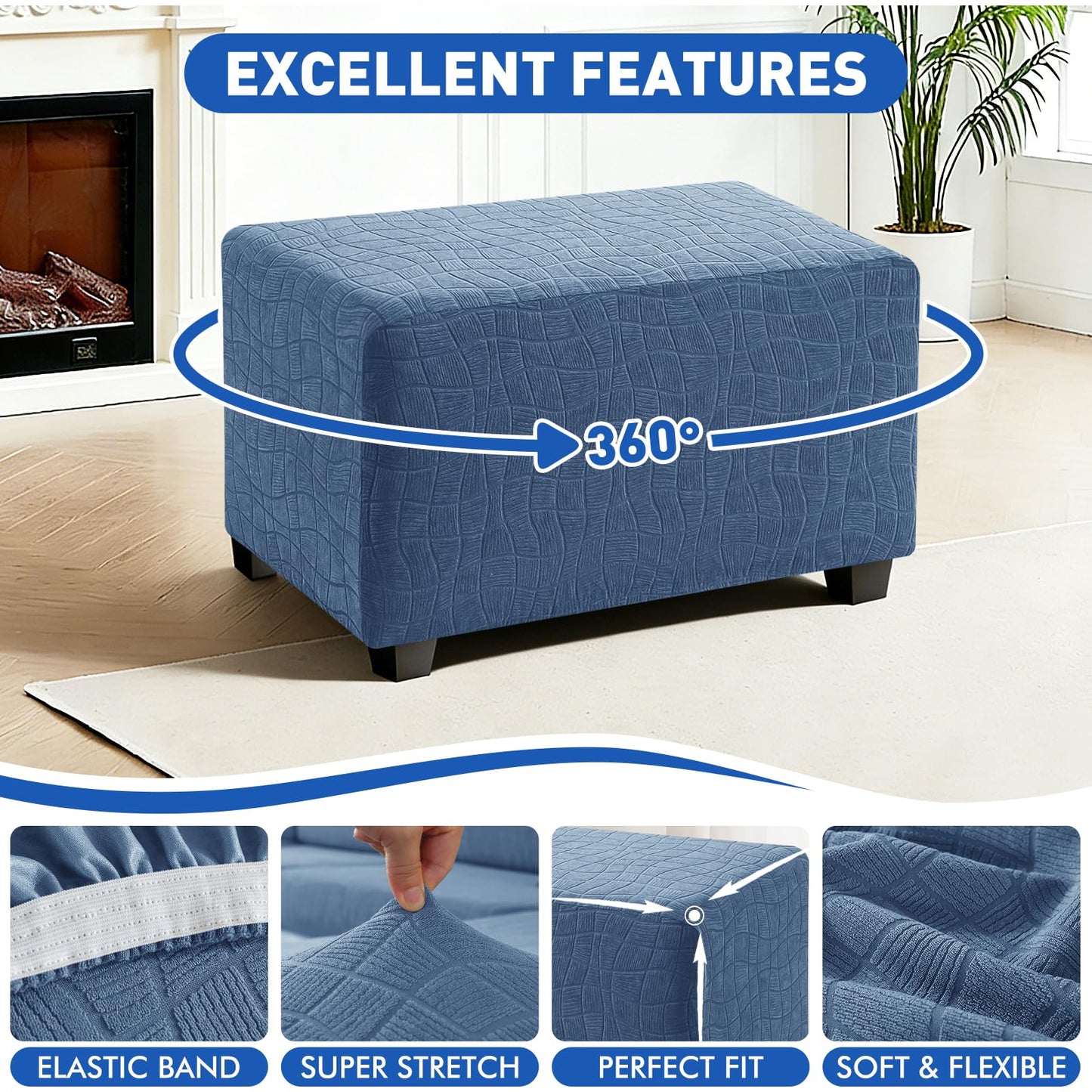 MAXIJIN Waterproof Ottoman Cover Rectangle Stretch Ottoman Slipcovers Square Thick Stool Covers Storage Footrest Furniture Protector with Non-Slip Elastic Bottom (Small, Dusty Blue)