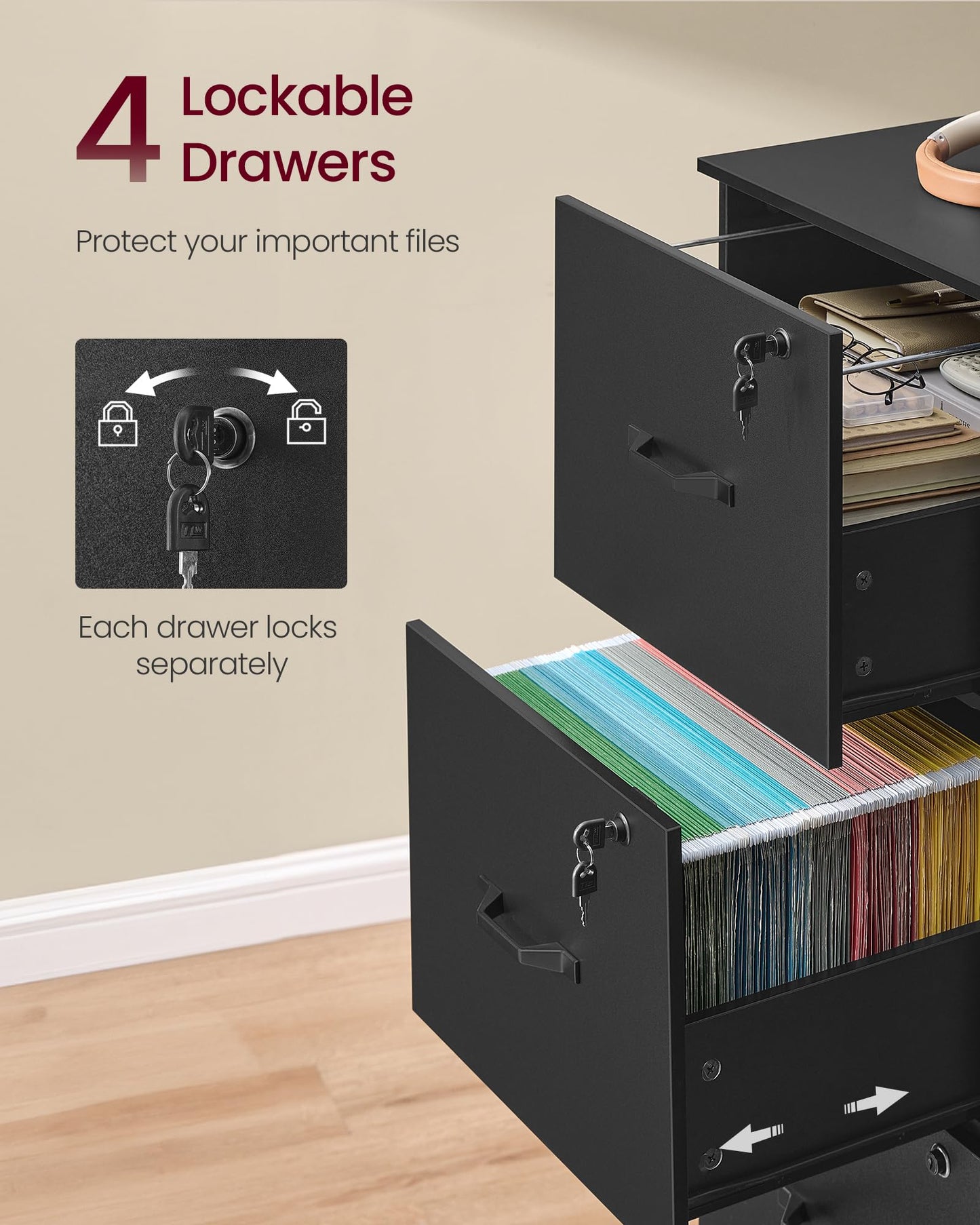 VASAGLE Custos Collection 4-Drawer Vertical File Cabinet for Home Office, Printer Stand, with 4 Lockable Drawers, Adjustable Hanging Rail, for A4 and Letter-Size Files, Ink Black UOFC082B02