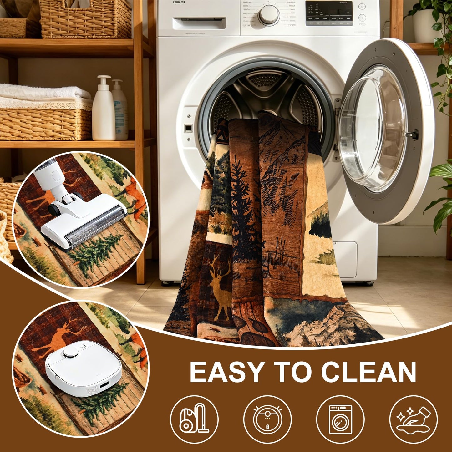 ASPMIZ Extra Large Rustic Area Rugs 8x10 Non-Slip Washable — Buffalo Plaid Log Cabin Bear Deer Fox Design, Vintage Soft Faux Wool Carpet Rugs for Living Room Dining Room