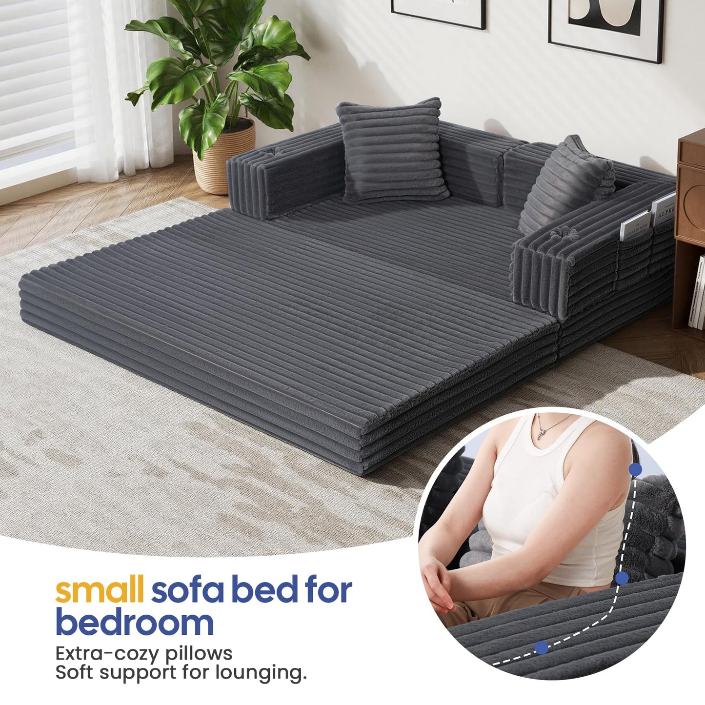 COMAX Futon Sofa Bed, 4‑in‑1 Convertible Sofa Bed, Boneless Couches for Living Room, Fold Out Small Foldable Loveseat Space‑Saving, Ash Gray