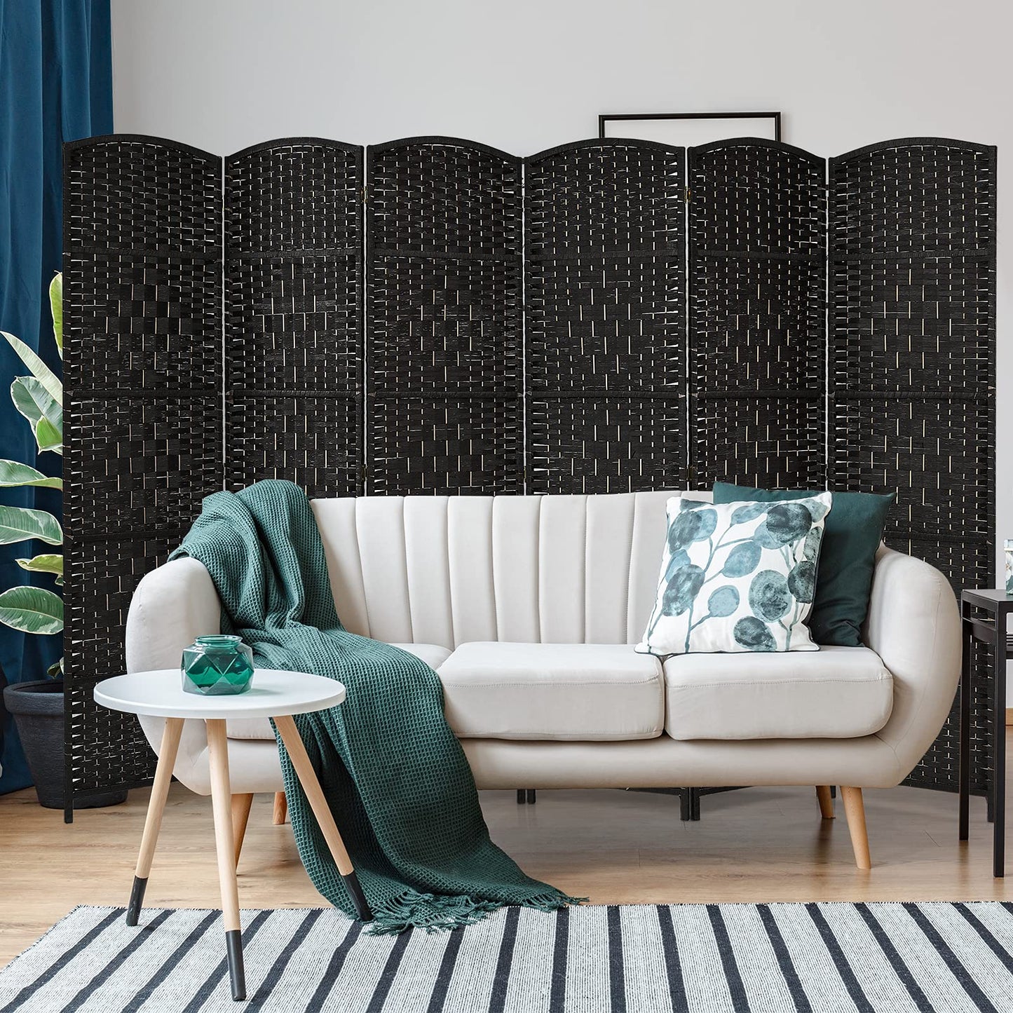 Giantex 6 Panel 6 Ft Tall Room Divider, Freestanding Wood Partition Room Divider Panel with Hand-Made Woven Paper Fiber, Room Dividers and Folding Privacy Screens for Bedroom, Small Space, Black