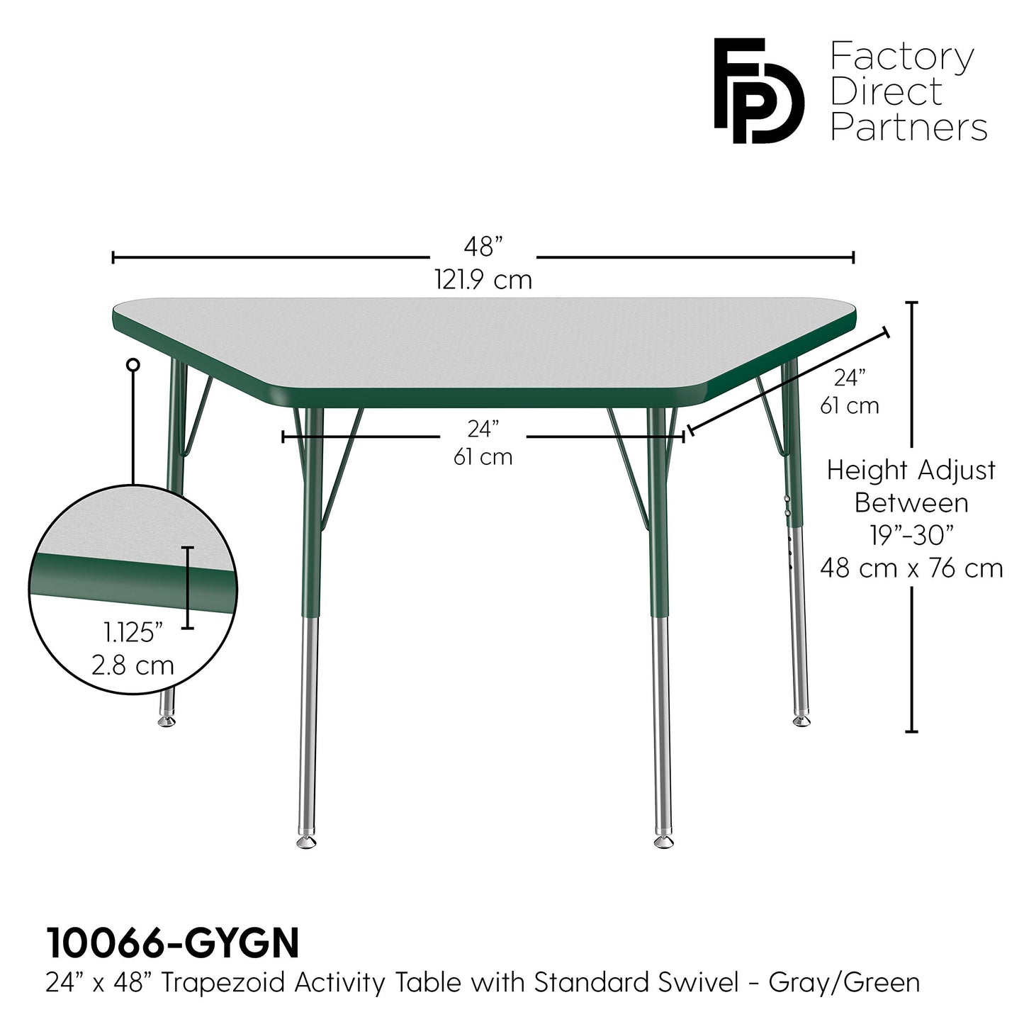 FDP Trapezoid Activity School and Office Table (24 x 48 inch), Standard Legs with Swivel Glides for Collaborative Seating Environments, Adjustable Height 19-30 inches - Gray Top and Green Edge