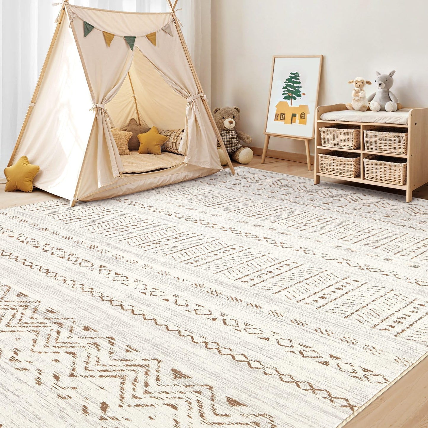 cotiled 5x7 Area Rugs Living Room Rug: Washable Boho Rugs with Non Slip Backing Large Soft Indoor Stain Resistant Carpet for Bedroom Farmhouse Dining Room Lightweight Home Decor Brown/Cream
