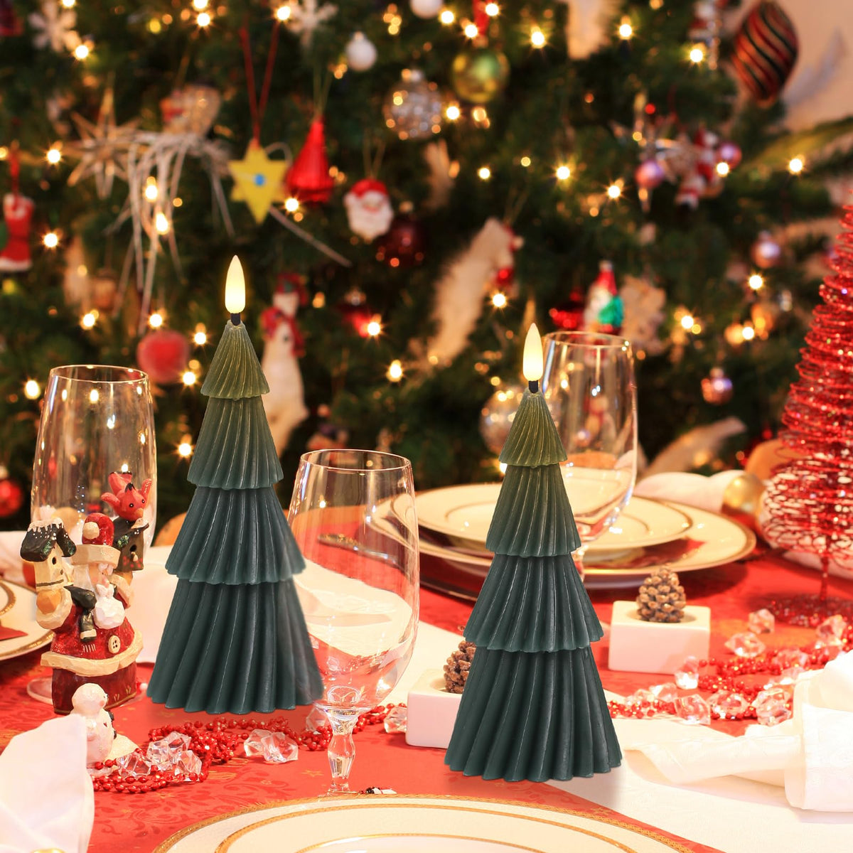 Wondise Christmas Tree Flameless Candles with 6hrs Timer, Real Wax Battery Operated 3D Wick LED Candles Flameless Flickering Candles for Christmas Holiday Decor (2 pcs 3" x 7.1")