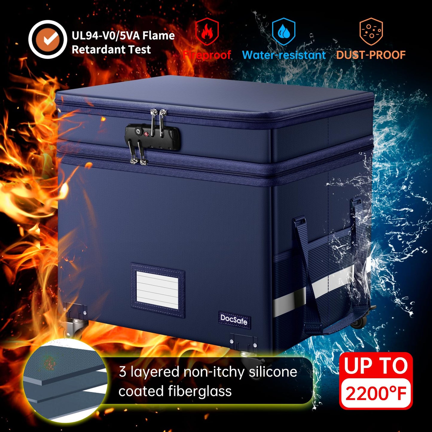 DocSafe File Box with Lock, 2-Layer Fireproof Document Box with Wheels,Collapsible File Storage Organizer with Pockets,Large Portable Office Filing Cabinet Hanging Folders,Blue,16''x13.8''x12.2''