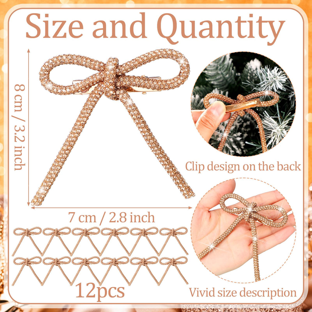 12 Pcs 3.2''x2.8'' Gold Glitter Christmas Bows Ornaments with Clip Metal Shiny Christmas Tree Decorations Bows for Wreath Garland Xmas Party Decorations Wedding Baby Shower Home Indoor Outdoor