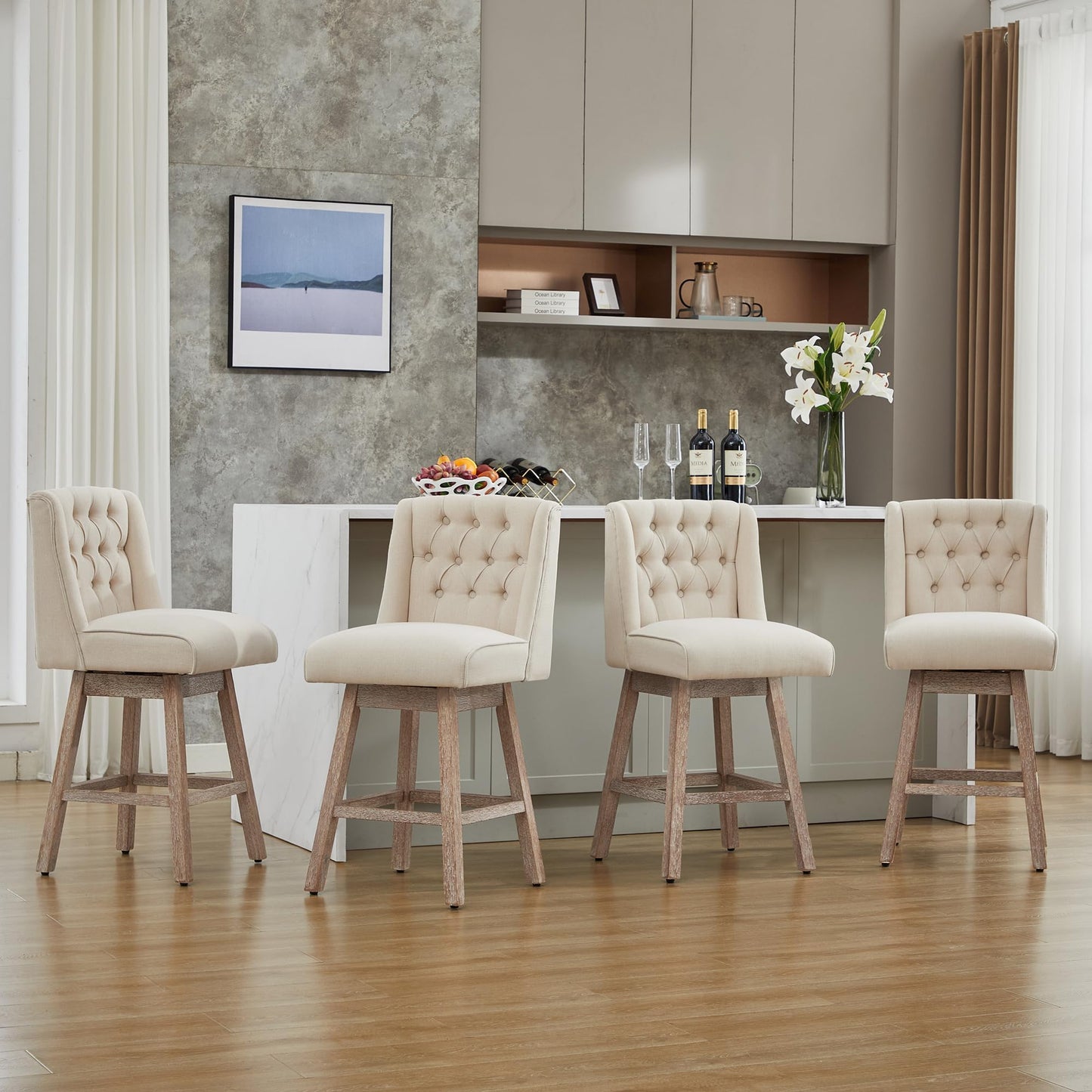 UDAX 26" Swivel Bar Stools Set of 4, Counter Height Barstools with Back, Linen Fabric Upholstered Bar Stools, Modern Barstools Wood Legs for Kitchen Island Dining Room Bar