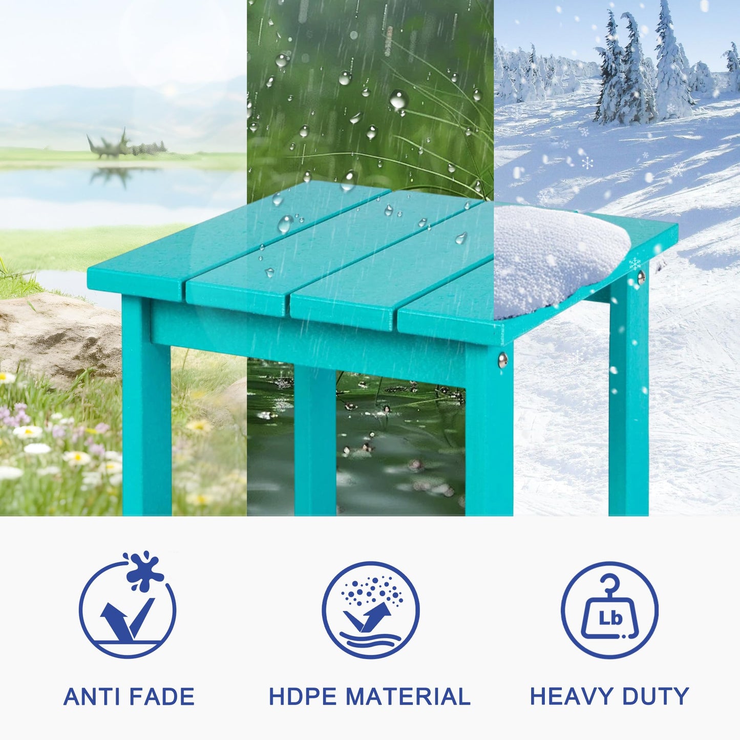 LZRS Square Patio Side Table, Heavy Duty HDPE Outdoor End Table with Wood Texture, Weatherproof Composite Table for Adirondack Chairs, Deck, Pool, Indoor/Outdoor, No Peeling or Cracking(Turquoise)