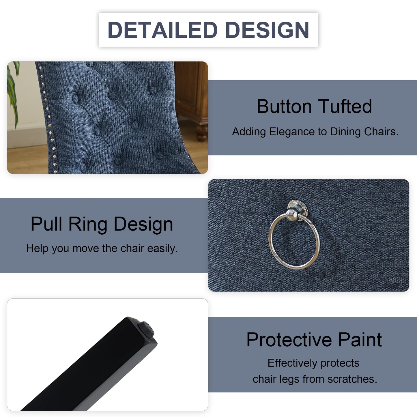 UDAX Upholstered Tufted Dining Chairs Set of 4, Fabric Side Dining Room Chairs with Nailhead Back Ring Pull Trim Solid Wood Legs, Dark Blue