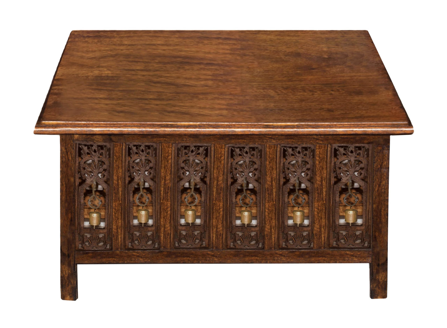 COTTON CRAFT Solid Wood Coffee Table – Ghanti Bells Hand Carved Center Table with Foldable Legs – Decorative Table - Living Room Small Spaces Bedroom - No Tools Assembly -30.5x21.5x18- Antique Brown
