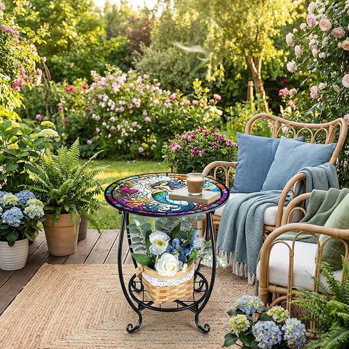 Cinnvoice Outdoor Side Table Round Small Mosaic Patio Accent Indoor End Plant
