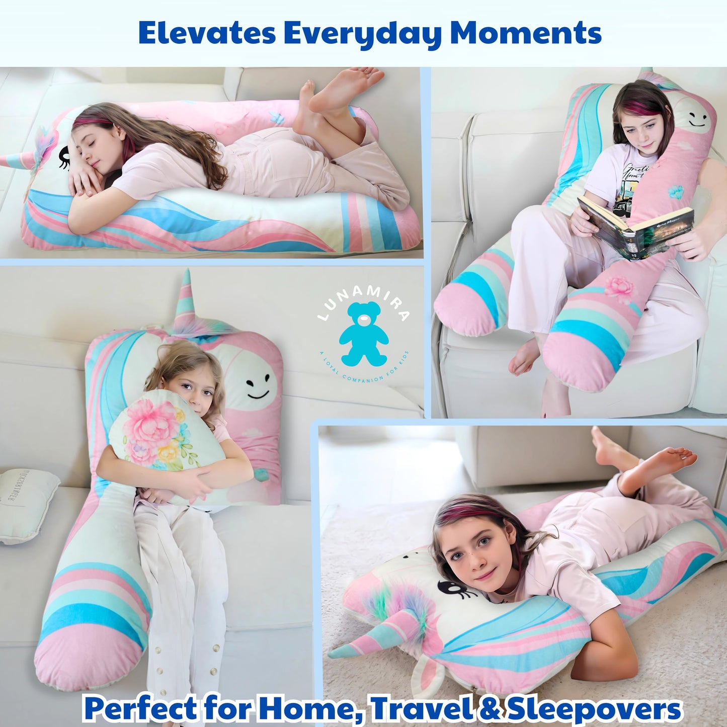 LUNAMIRA Unicorn Kids Body Pillow - 47" U-Shape Long Plush Soft Animal Pillow for Sleeping, Reading, ADHD & Special Needs Comfort, Anxiety, Washable Cover, Snuggle Cuddle for Boys & Girls