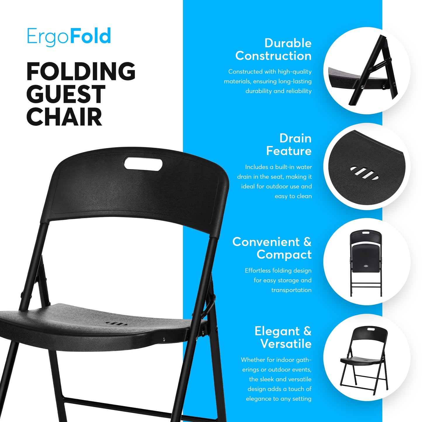 Oline Folding Chair, Indoor Outdoor Plastic Commercial Stackable Foldable Guest Chairs for Events Office Wedding Party Picnic Kitchen Dining, 350lb Capacity (Black, 4 Pack)