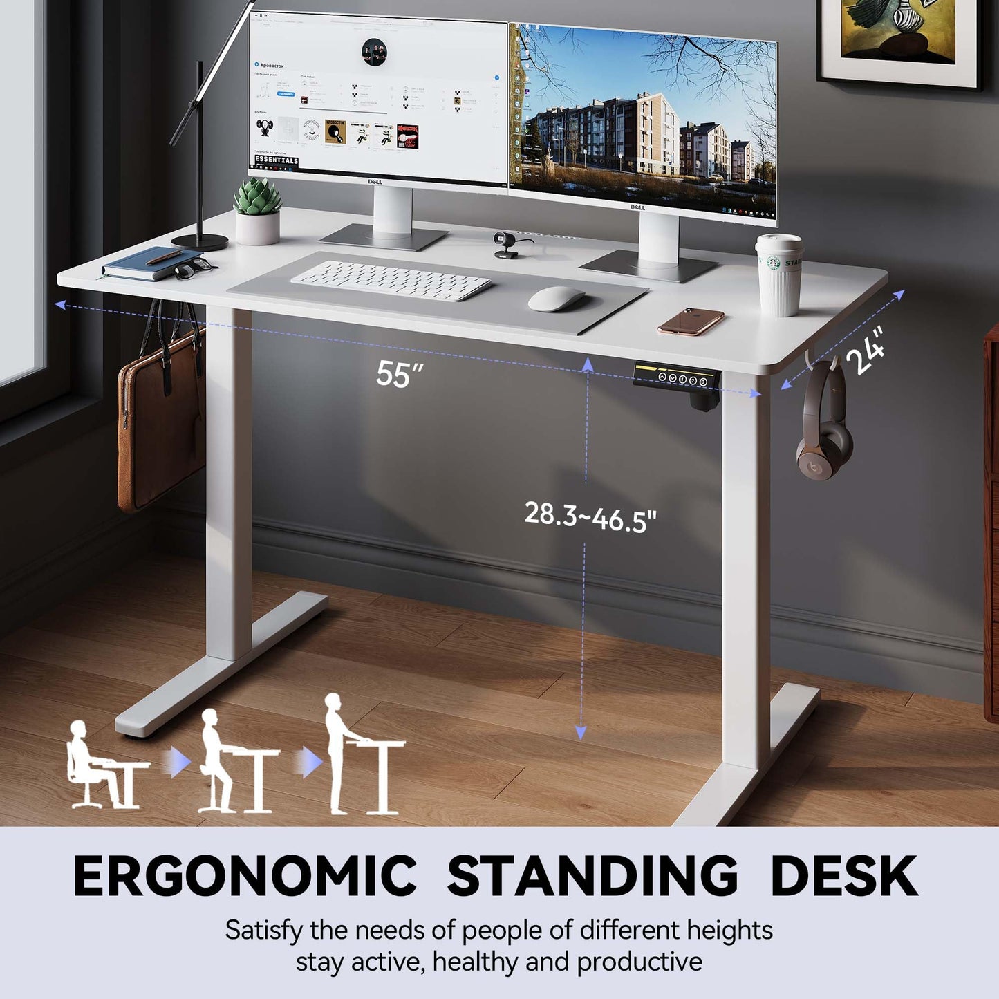 Gamork Large Electric Standing Desk,55x24 Inches Adjustable Height Stand up Desk, Sit Stand Home Office Desk, 3 Preset Heights,Equipped with Hooks,Ergonomic Computer Desk Workstation，White