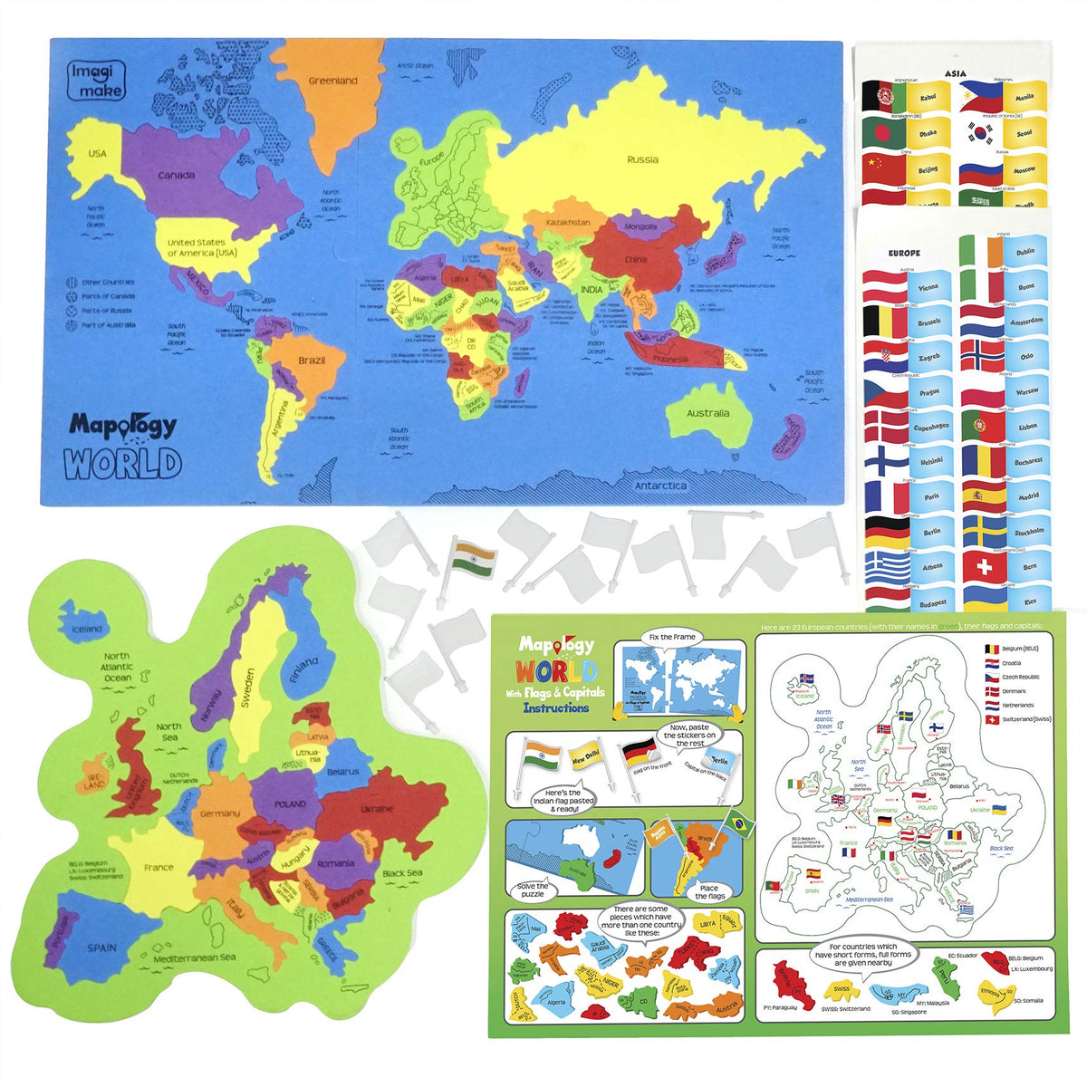 Imagimake Mapology USA & World Map Puzzle with Flags, Capitals, Stickers | Educational Toys for Ages 5-7 | Jigsaw Puzzles for Kids Ages 8-10 | Geography Toys for Age 8-13 | 6 Year Old Boy & Girl Gifts
