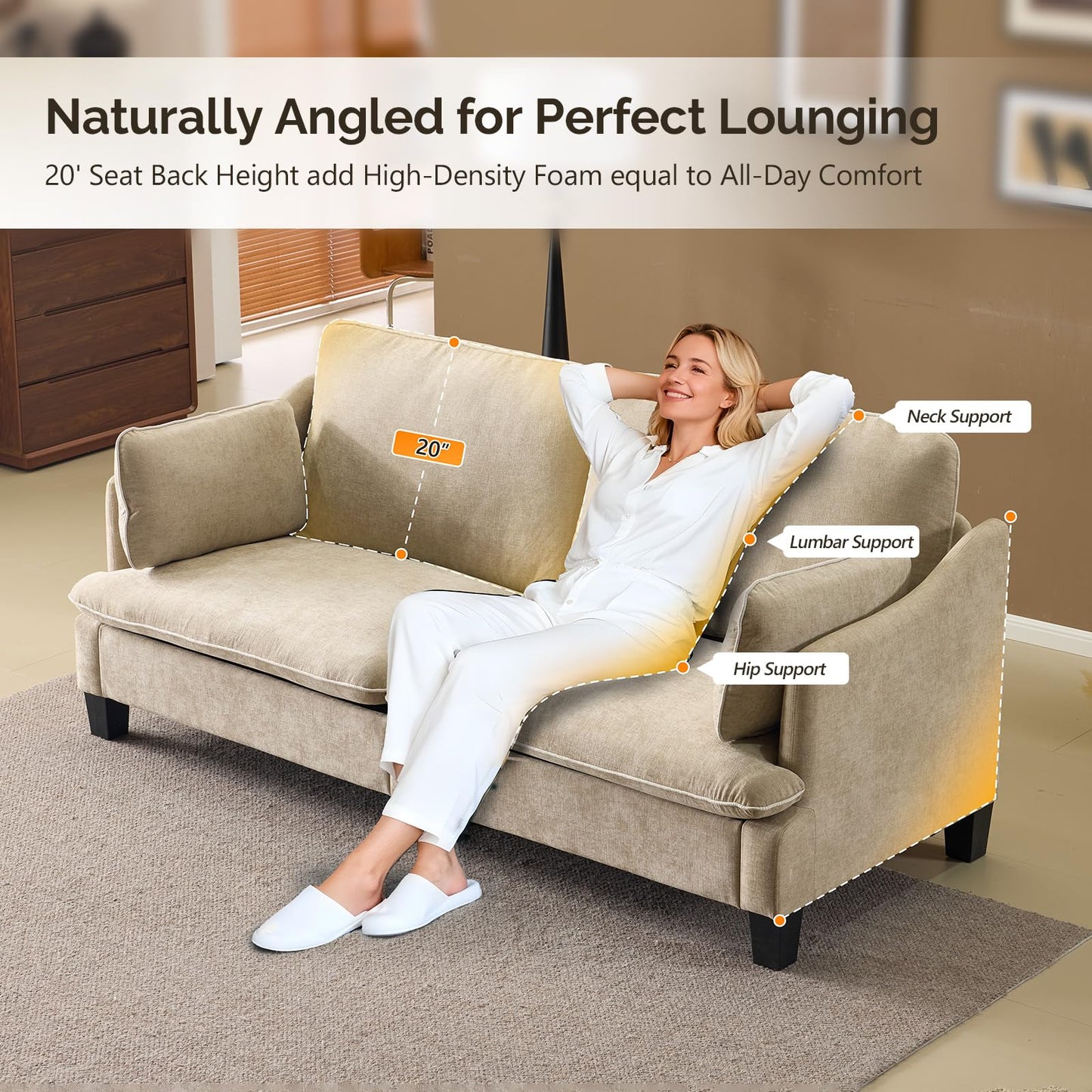 VINGLI 84" Extra Deep Seat Sofa Couch, 3 Seater Upholstered Living Room Couches with 2 Piped Seater Cushions, Throw Pillows, Modern Linen Velvet Fabric Sofa for Apartment Bedroom Office
