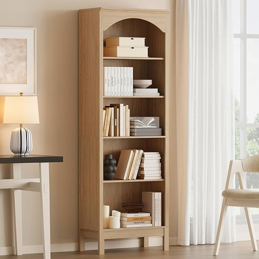 Arched Bookshelf with 5 Tier Open Shelves, Study and Living Room, Natural Oak