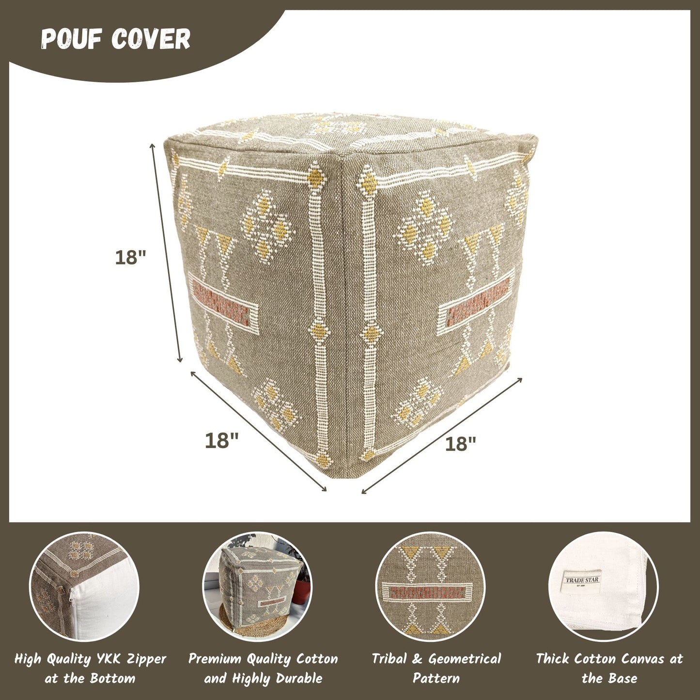 Trade Star Handcrafted Ottoman Floor Pillow Case Sabra Kilim Pouf Cover Thick Cotton Seating Pouffe Highly Durable Luxurious Stylish Footrest Pouf for Living Room Decor (Sabra Kilim Pouf Cover - 1)