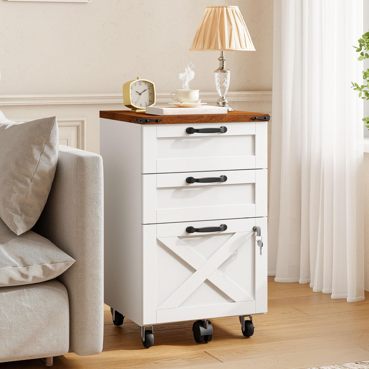 HOOBRO 3 Drawer File Cabinet with Lock, Mobile Farmhouse Filing Cabinet for A4/Letter Size, Under Desk Rolling Office Cabinet, Printer Stand with Storage for Home Office, White and Walnut WH67WJ01