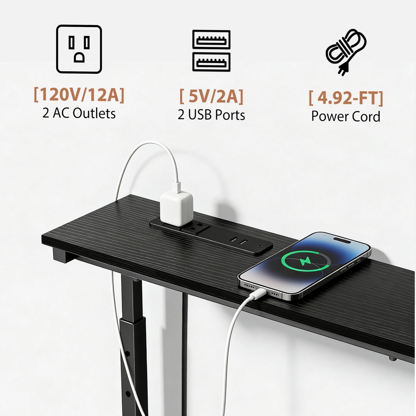 GRLEAF 35" Adjustable Height Narrow Console Table with Power Outlets, Long Sofa Table with Charging Station Behind Couch Table Skinny Entryway Table for Living Room, Hallway and Office – Black