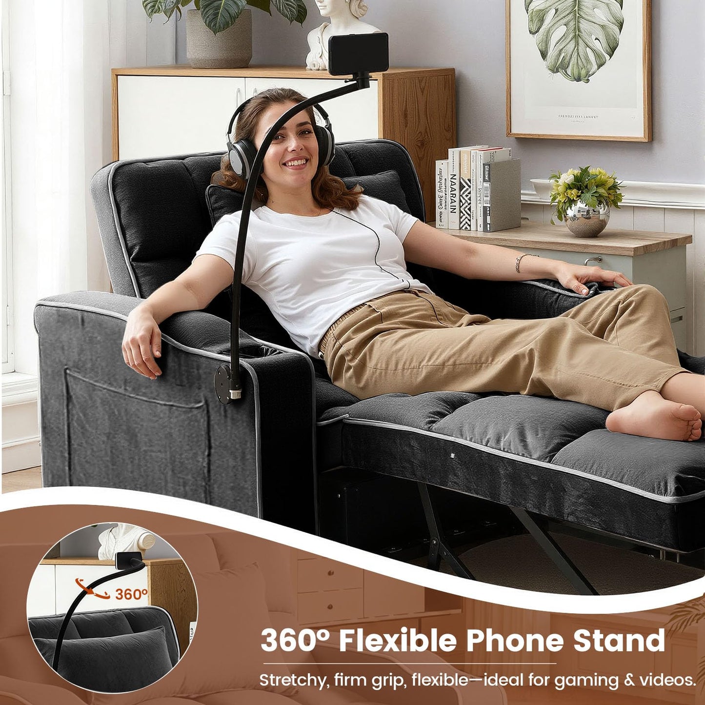 Trygoal Convertible Sleeper Chair Bed, Pull Out Chair Sleeper with Bracket and Cup Holder, Chairs Bed Sleepers for Adults, 3 in 1 Sofa Bed Chairs for Small Spaces, Living Room, Black