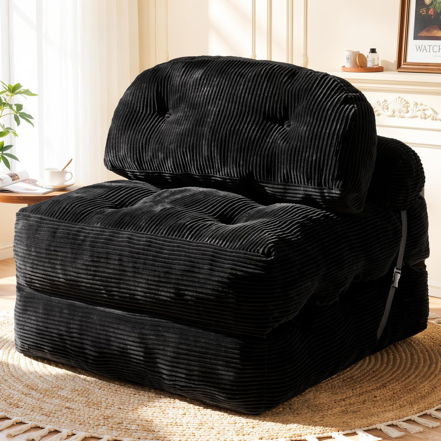 Vellorise Folding Sofa Bed, Convertible Sleeper Chair with Back Support and Pillow Futon,Boneless Foldable Couch for Living Room/Guest Use/Home Office, Foldable Chair Bed for Adults, Black