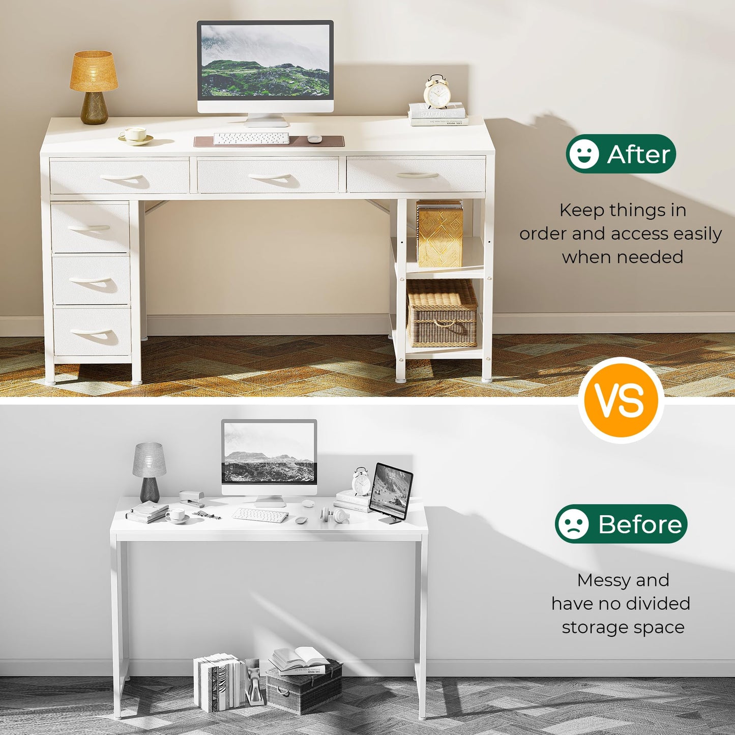 Huuger Computer Desk with 6 Drawers, Office Desk with Shelves, Reversible Gaming Desk, Corner Desk with Storage, Work for Home Office, Study, Living Room, 47inch, White